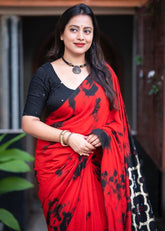 Red & black tye-dye shibori saree.